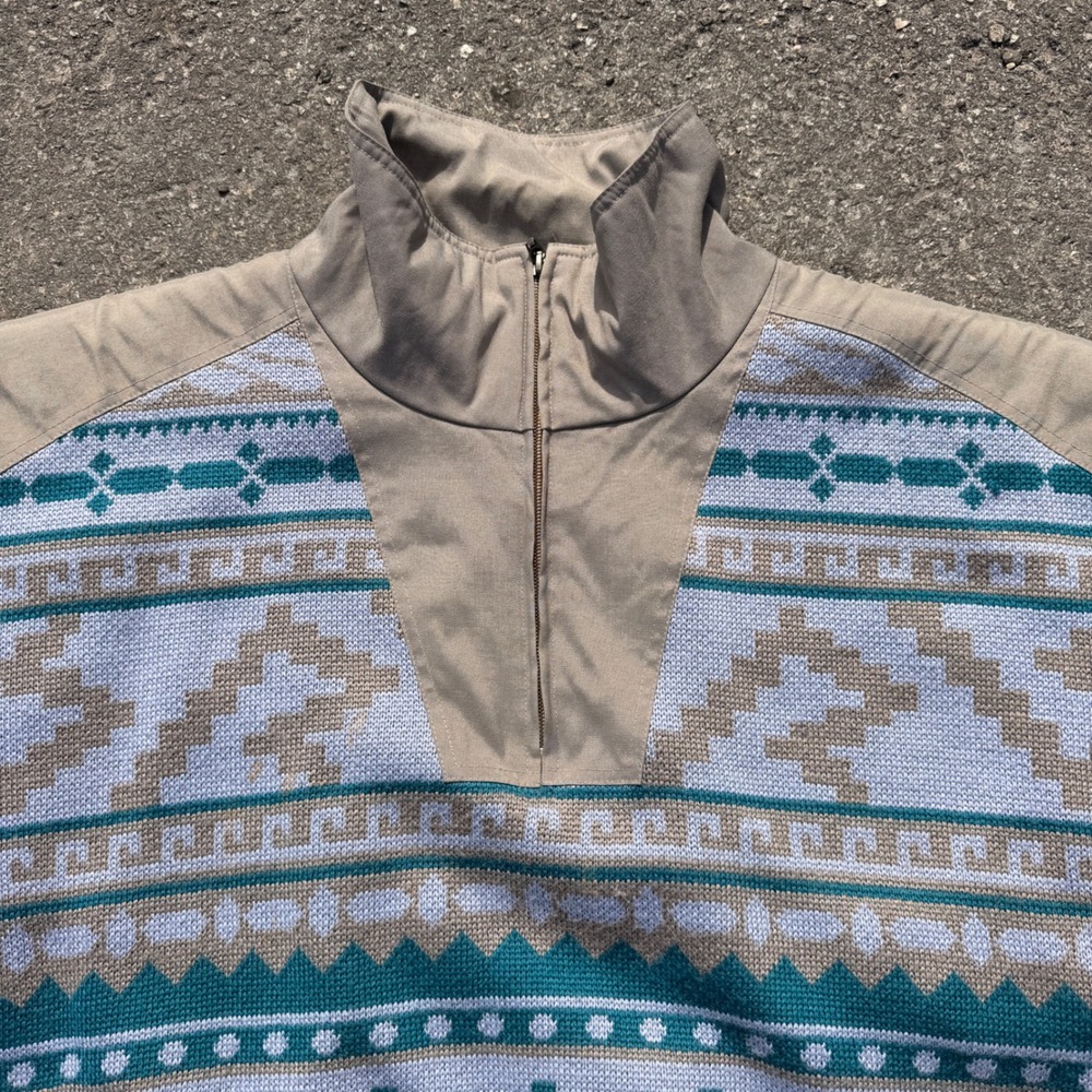 90s Spyder Windstopper Sweater Mens XL Aztec 1/4 Zip Teal Blue Wool Fair Isle - Picture 6 of 13